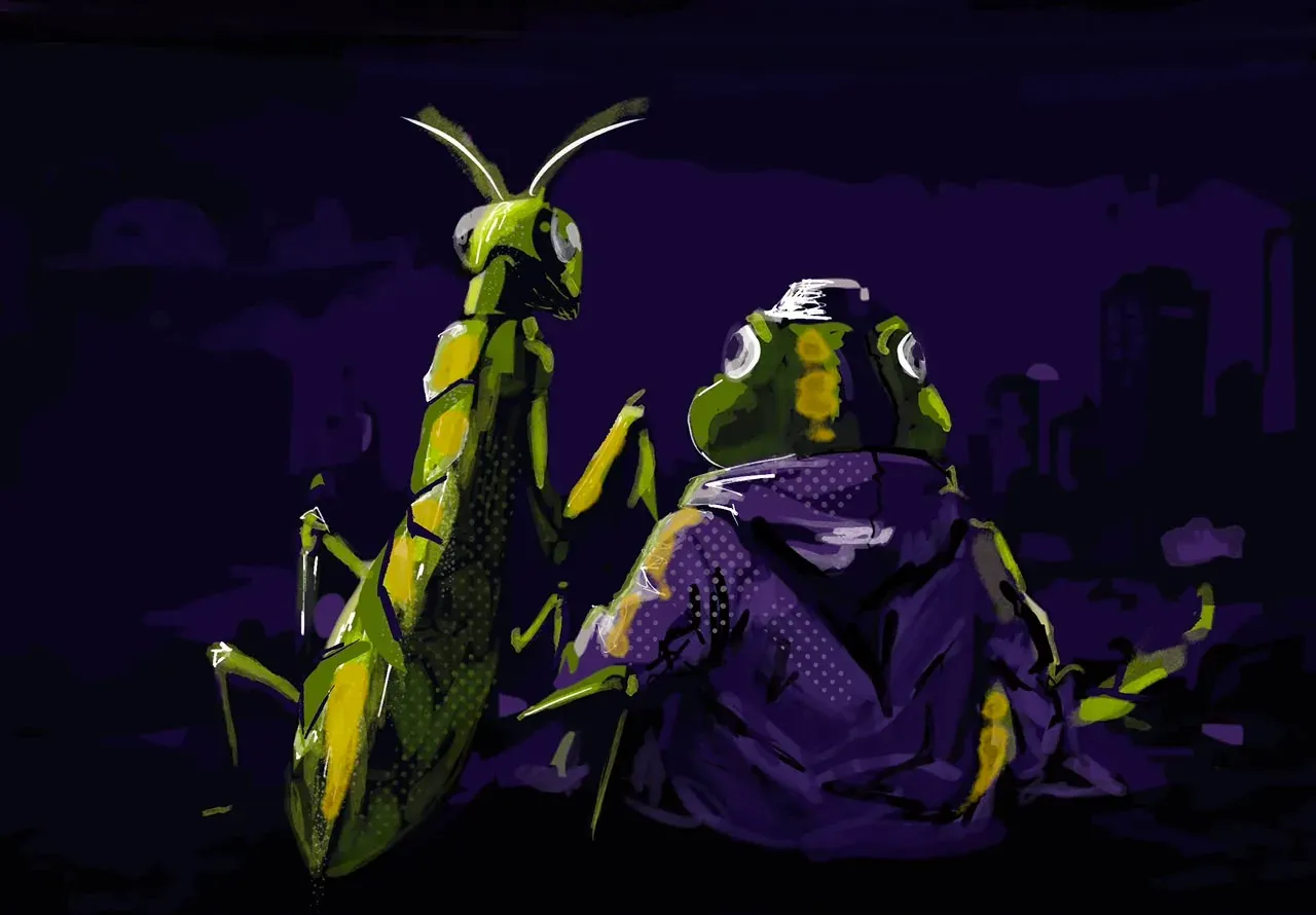 The mantis and his frog friend looking out over the city together