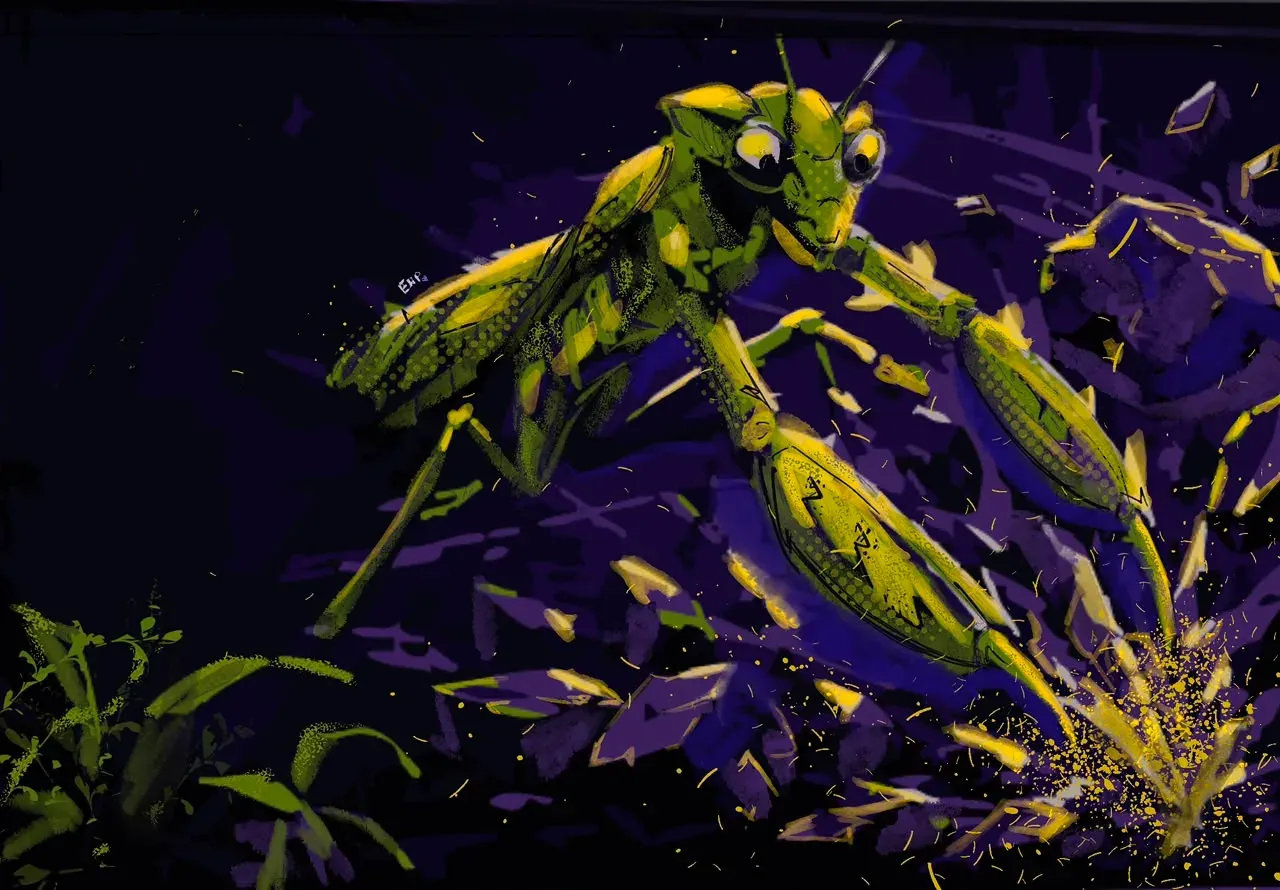 The mantis leaping through debris in a violent burst of motion