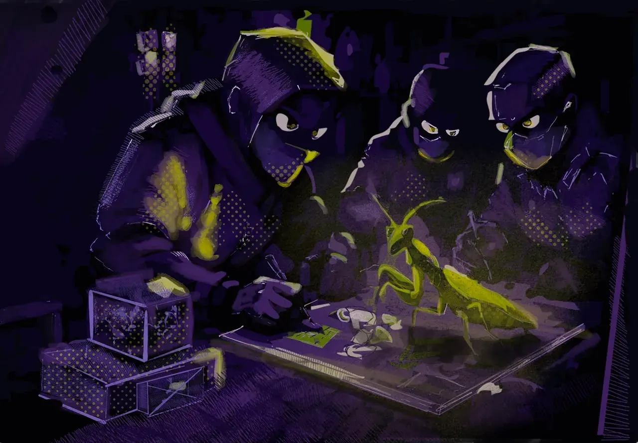 Masked figures examining the captured mantis on a table of cages