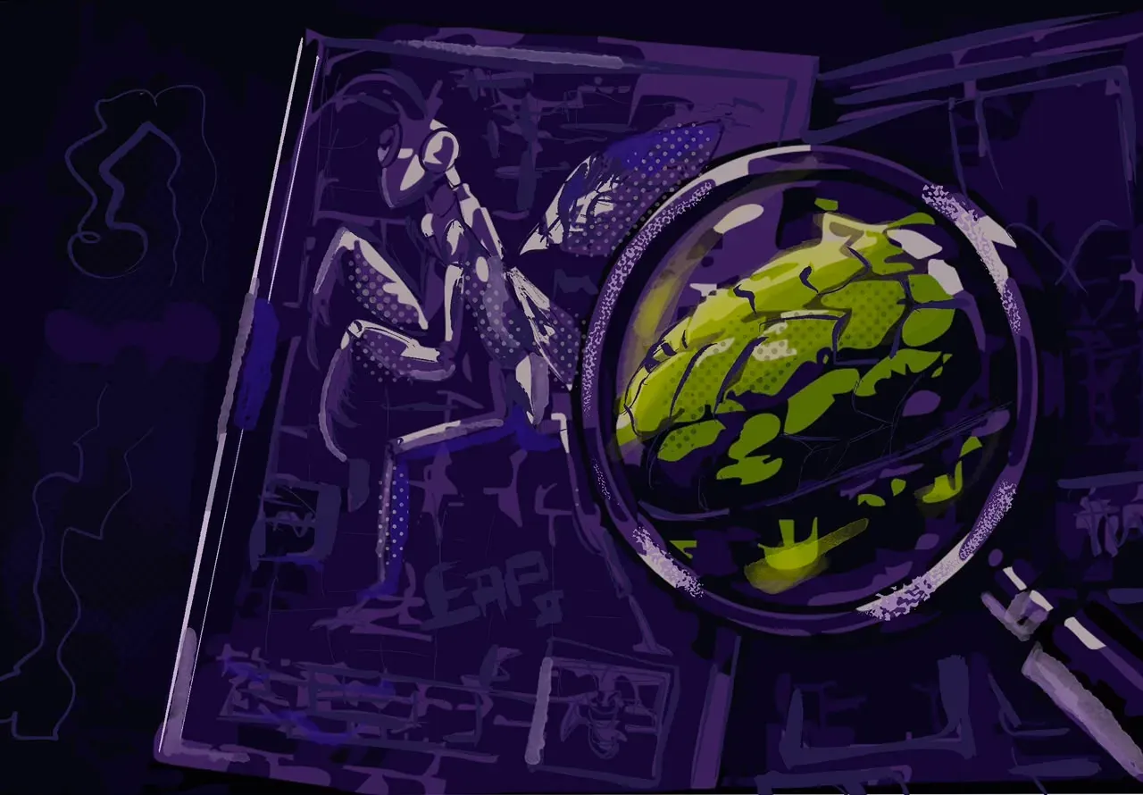 A sketchbook study of the mantis with a magnifying glass over shell texture