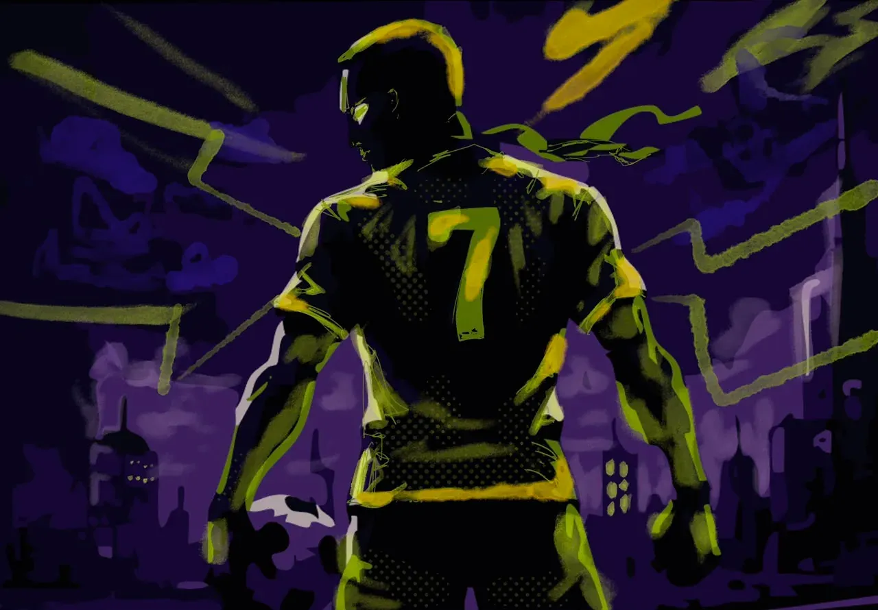 A footballer's back, number 7, silhouetted against the city skyline