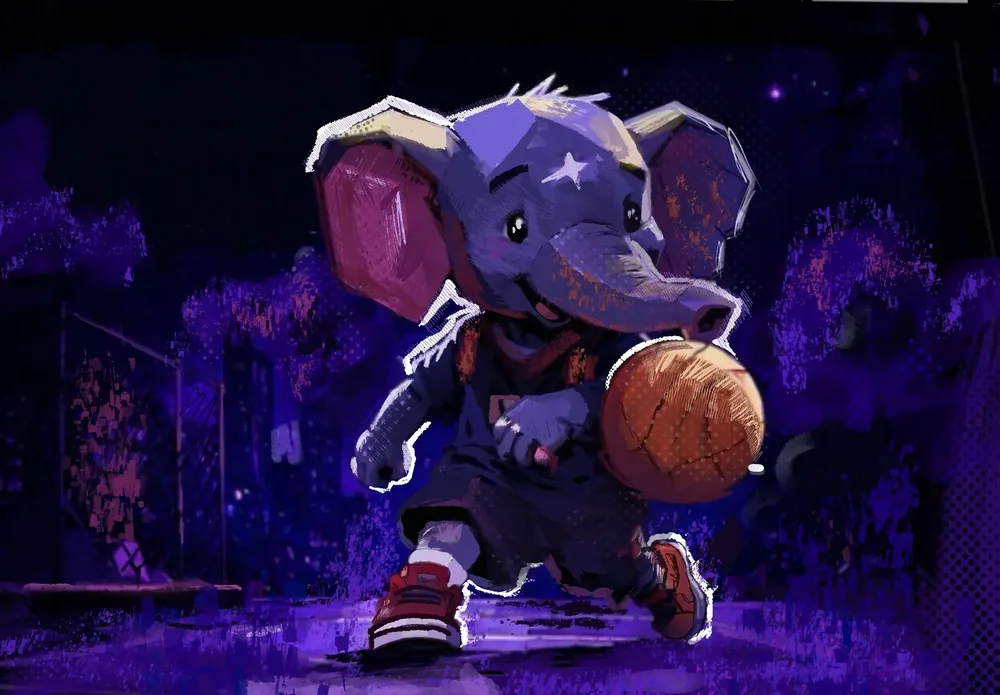 A young elephant dribbling a basketball alone on a city street court at night