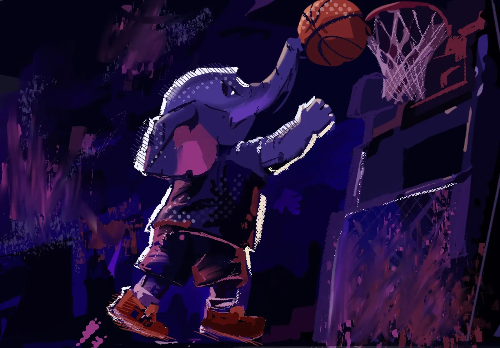 The elephant leaping toward the hoop, straining to reach the rim