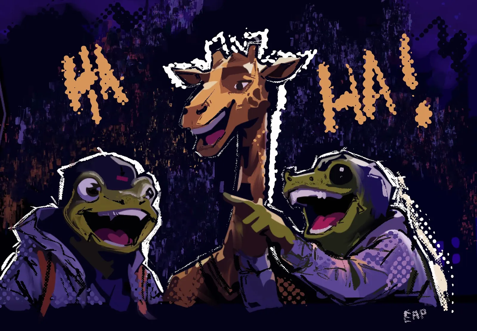 A giraffe and a frog in streetwear laughing and pointing at the elephant