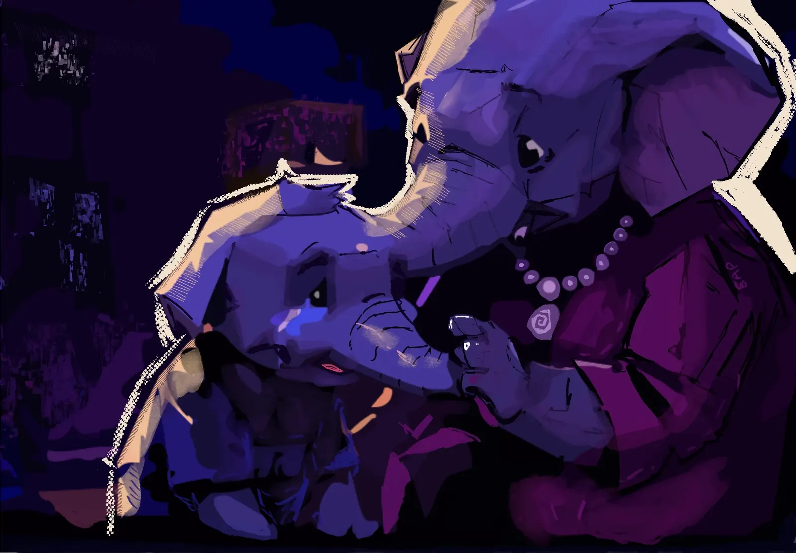 The elephant crying, comforted by his mother at home