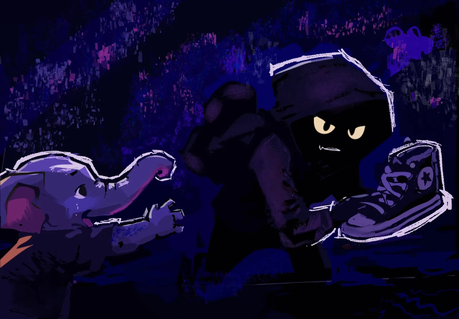 A hooded figure snatching the sneaker from the elephant's hands in the dark