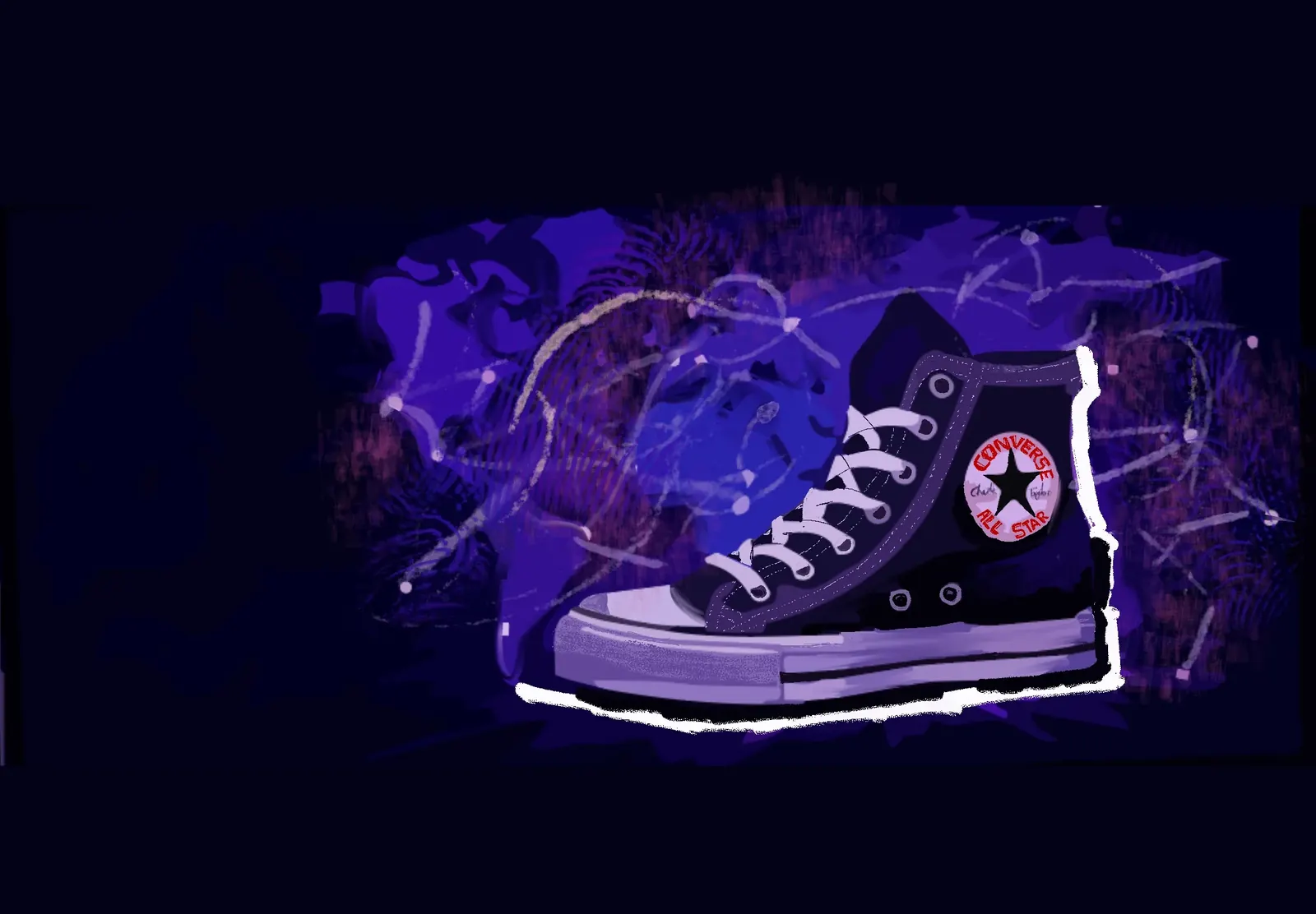 A high-top sneaker in front of a glowing globe of the world