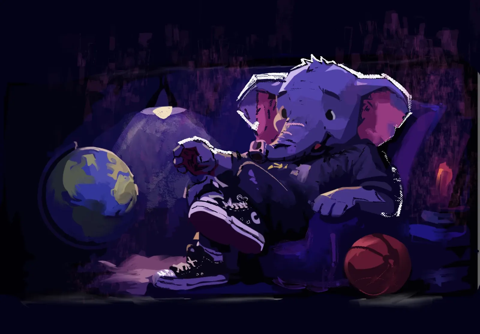 The elephant relaxing at home with a basketball and a globe nearby, wearing his own sneakers