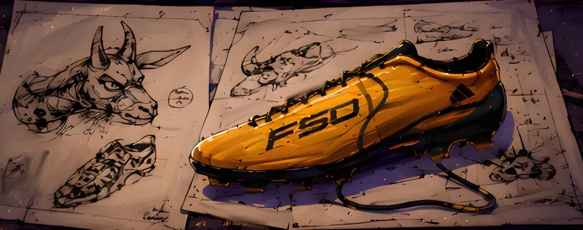 Design sketches of a horned rival and a boot beside a rendered gold and black F50 cleat
