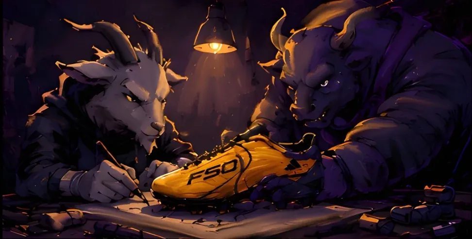 The goat and his former rival working together on the gold F50 boot at a workbench
