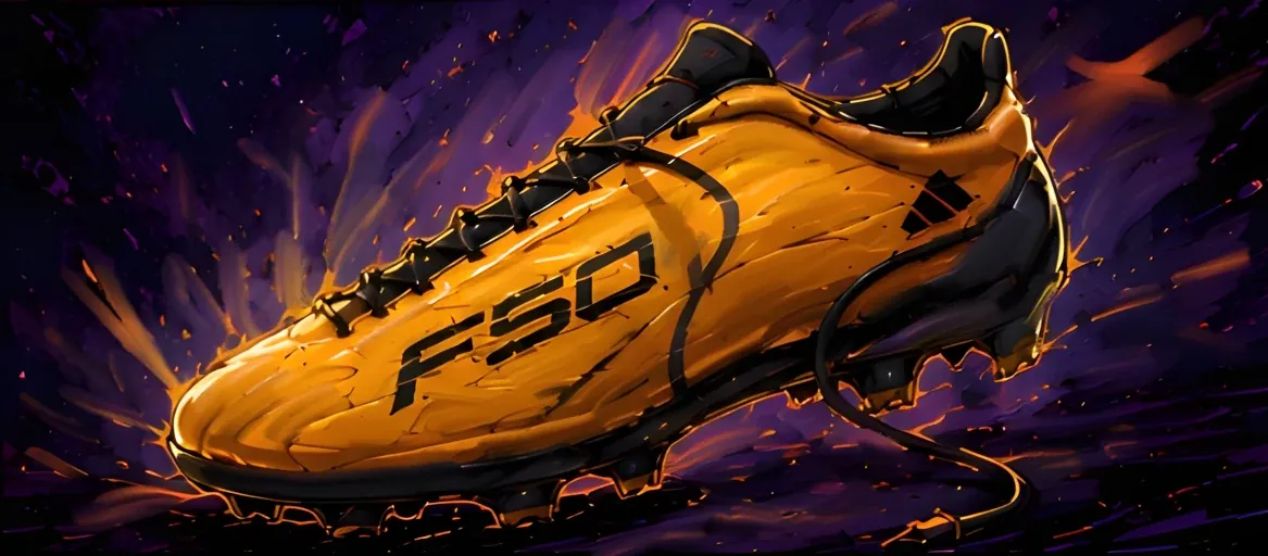 The finished gold and black F50 football boot glowing against a dark purple backdrop