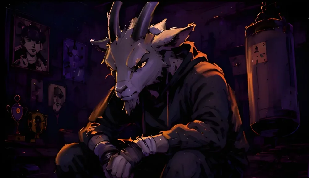 A goat boxer sitting alone in a dim locker room, wrapping his hands