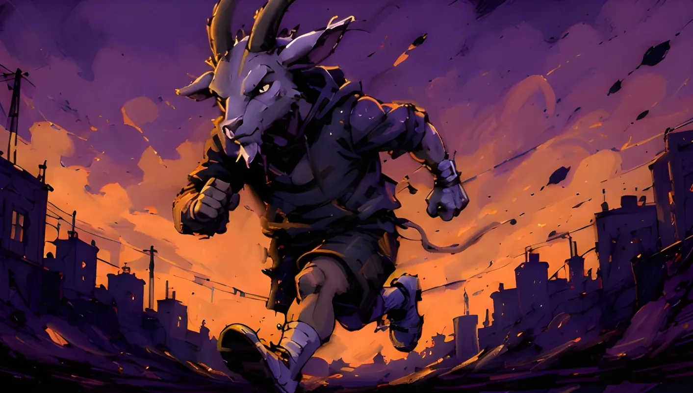 The goat sprinting full speed through a wind-torn, dusk-lit city street
