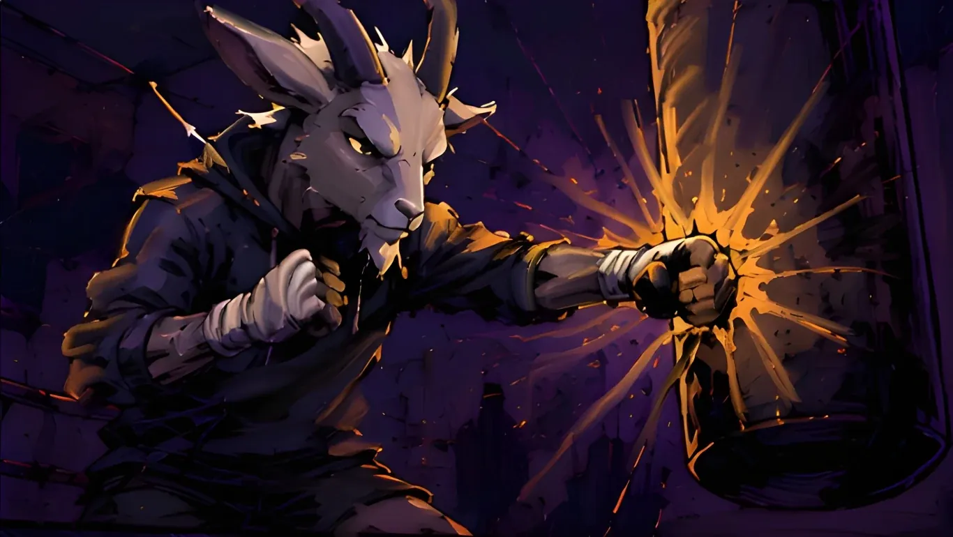 Close-up of the goat's bandaged fist connecting with explosive force