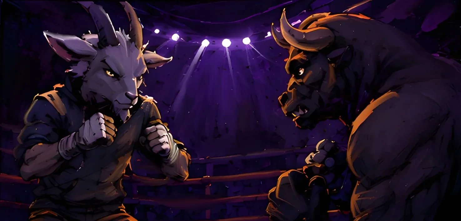 The goat facing down a much larger horned bull opponent under the ring lights
