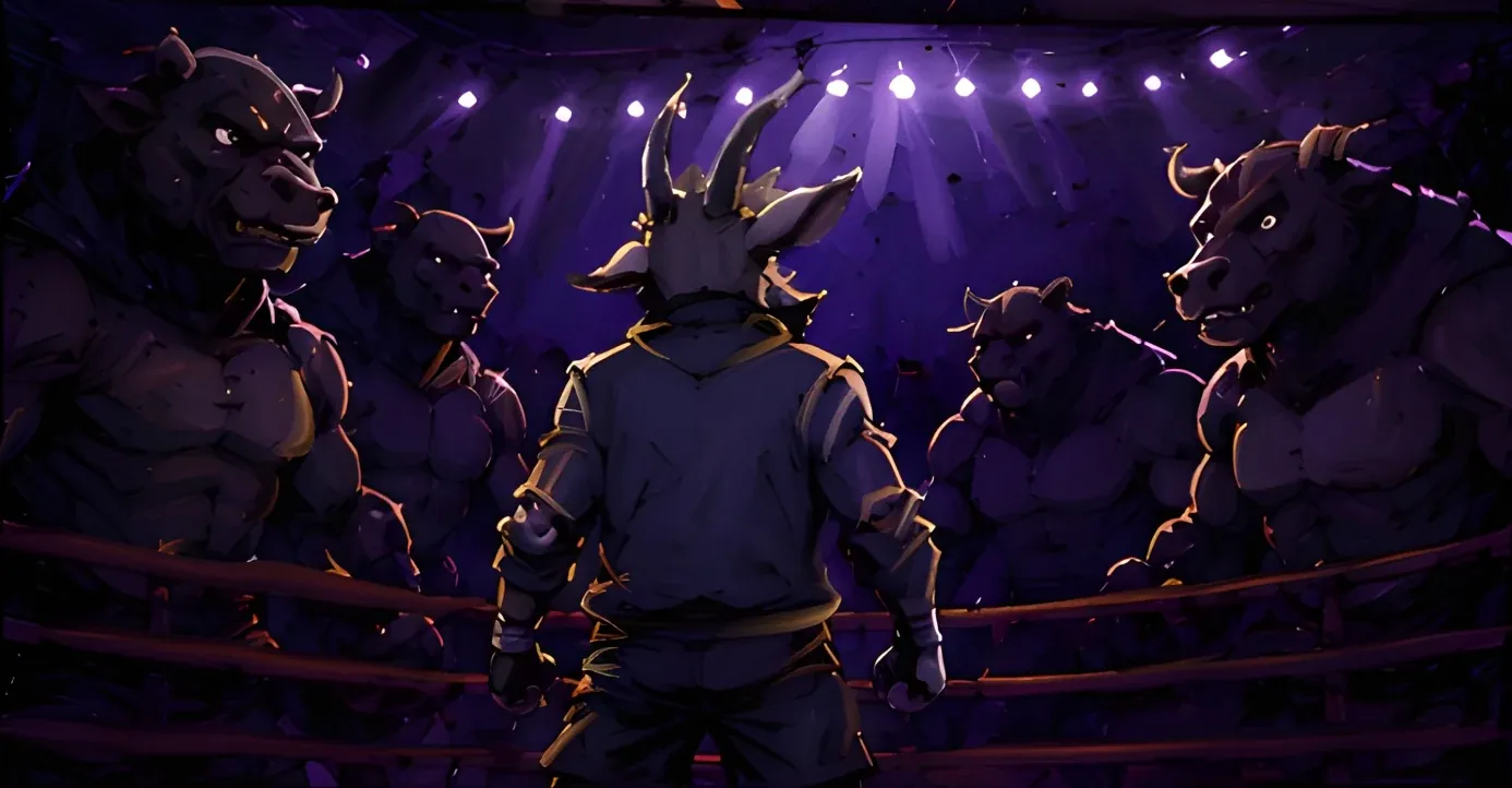The goat standing alone in the ring, surrounded by four hulking bull and rhino opponents