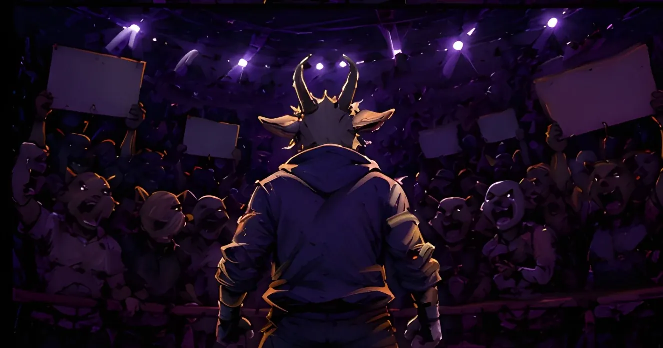 The goat, back to camera, facing a roaring crowd holding blank signs under the ring lights