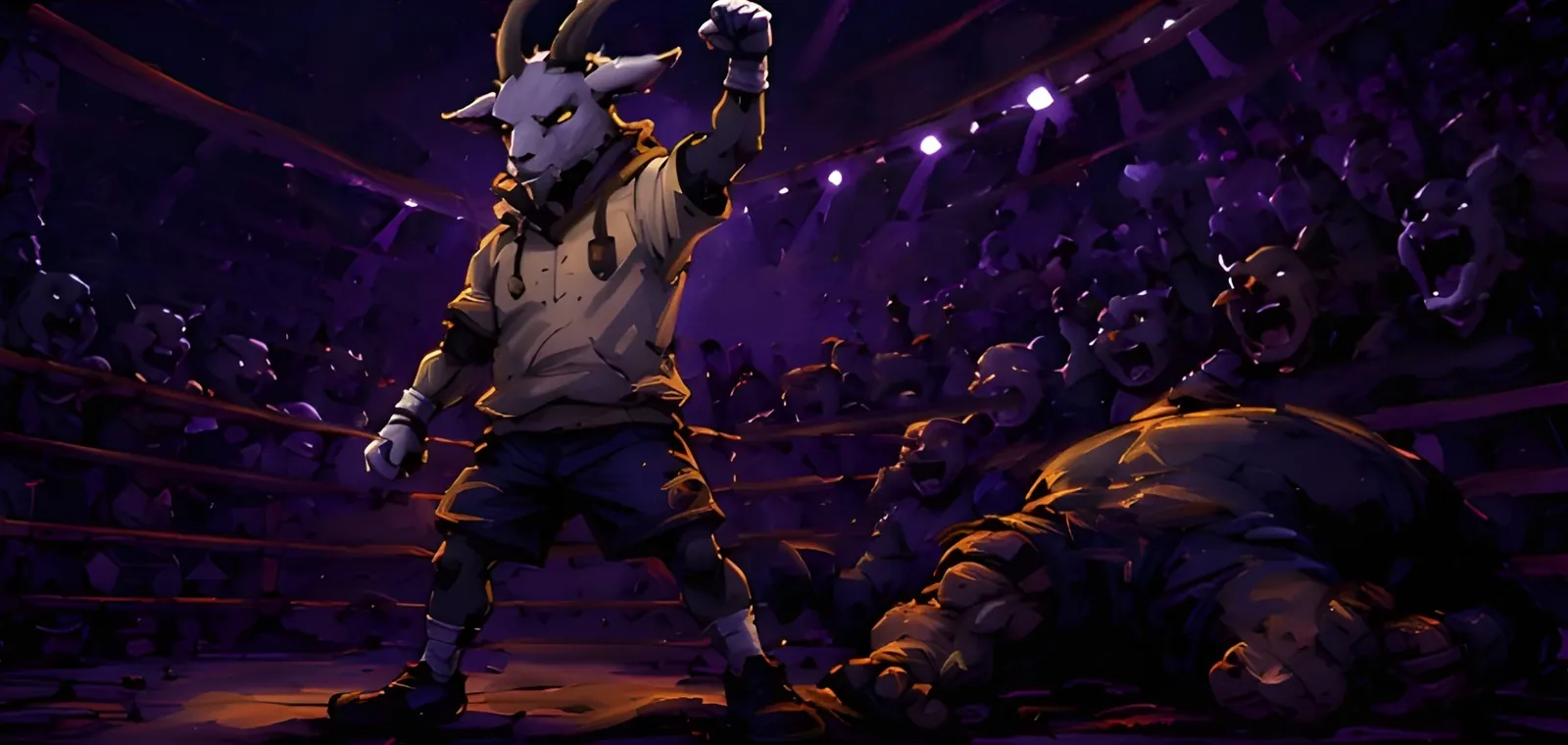 The goat standing victorious with fist raised as his opponent lies on the canvas