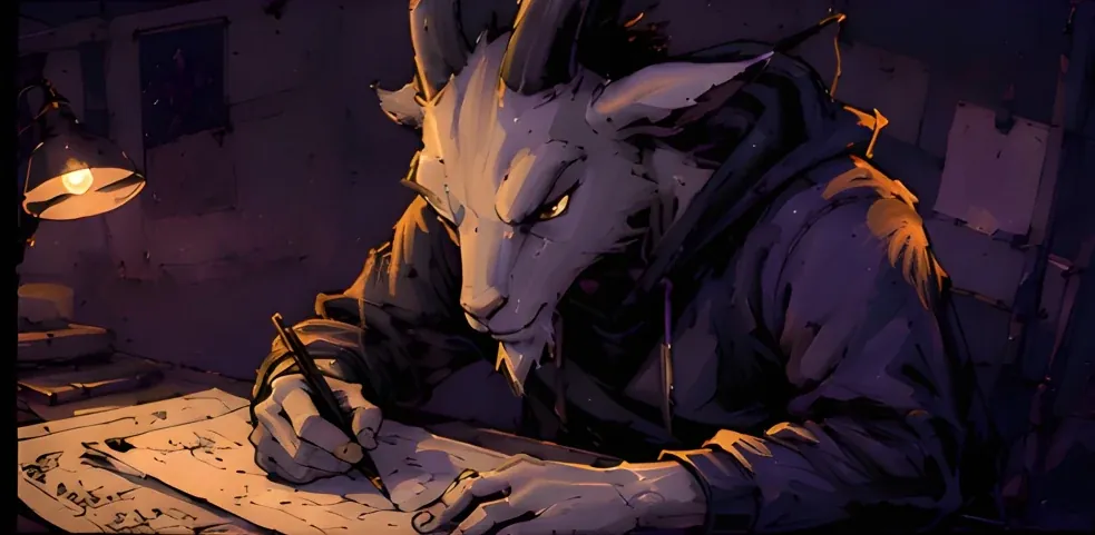 The goat sketching by hand at a desk under a warm lamp
