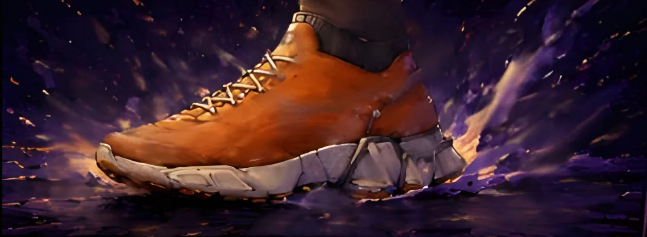 A close view of the shoe striding confidently outdoors