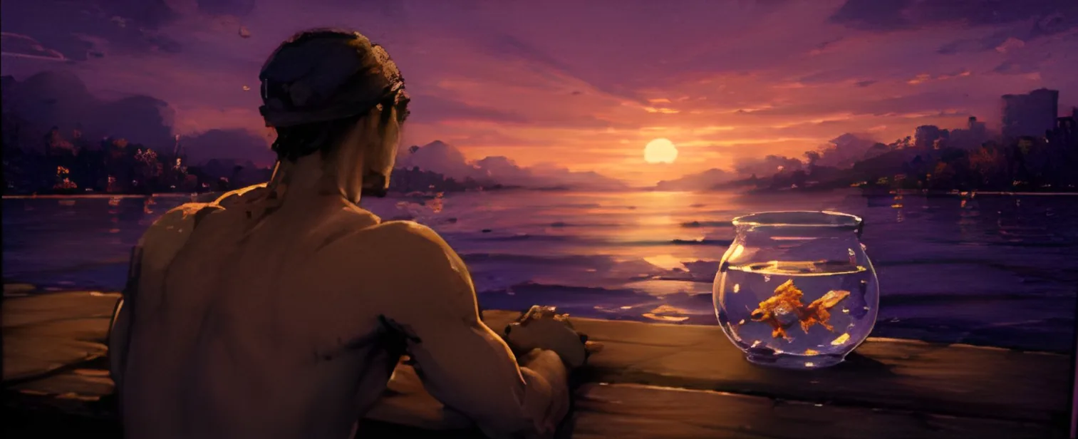 The swimmer watching the sunset over the sea beside a bowl with two goldfish