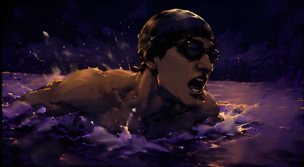 A swimmer reaching for a goldfish amid a violent storm