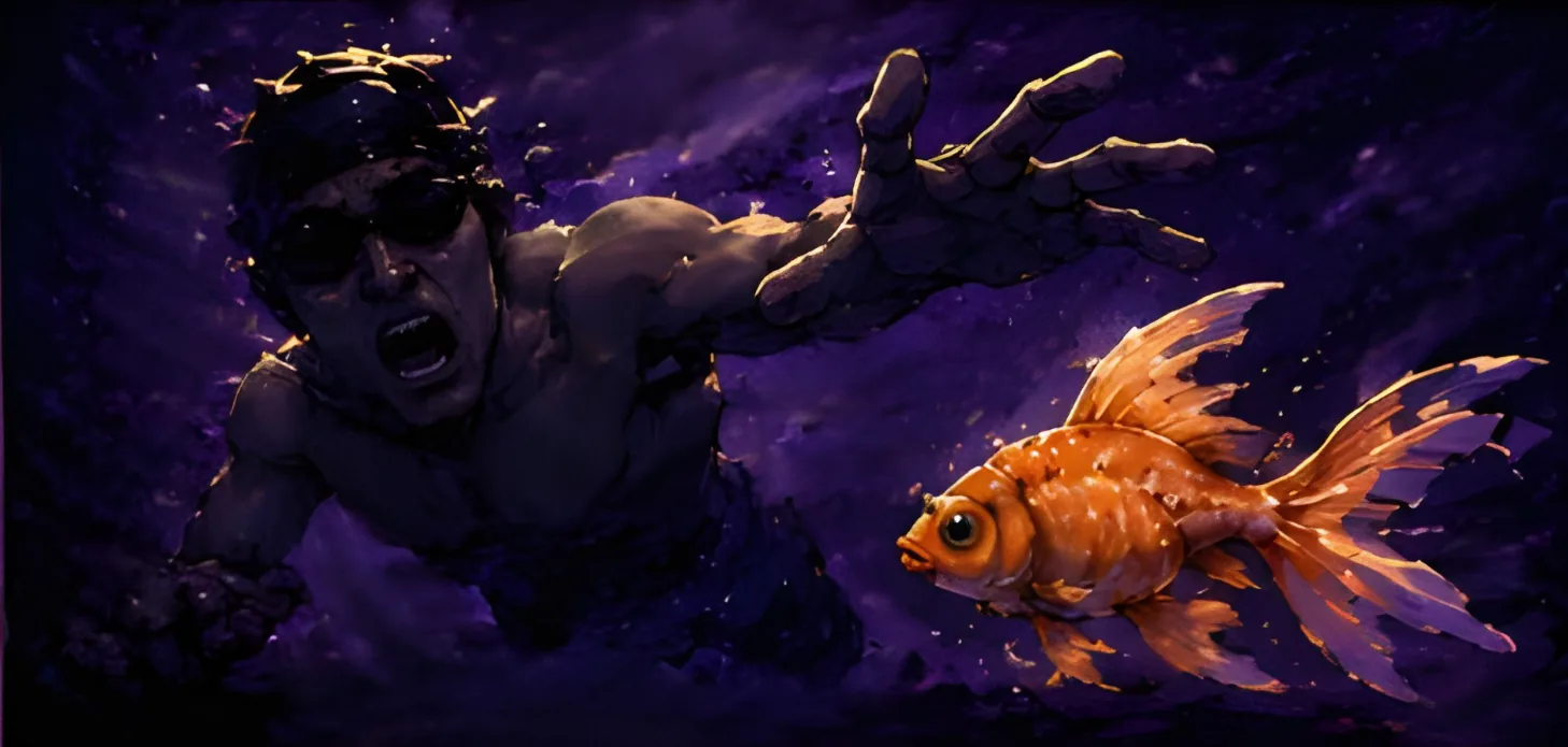 A goldfish appearing calmly amid the chaos as the swimmer reaches for it
