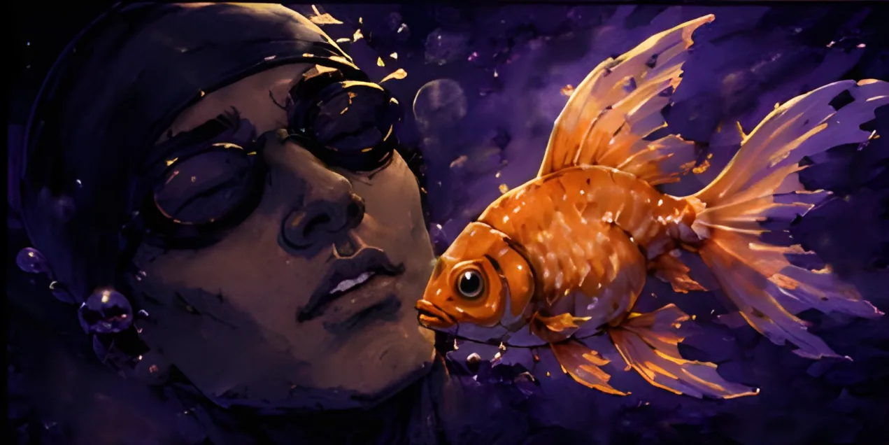 The swimmer's face close to the goldfish, guided calmly through the water