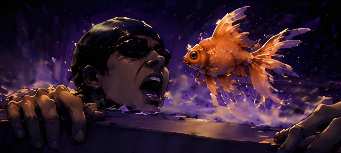 The swimmer reaching safety at the water's edge, the goldfish still beside him