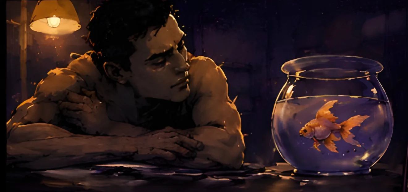 The swimmer staring at a goldfish in a bowl under a lamp at home
