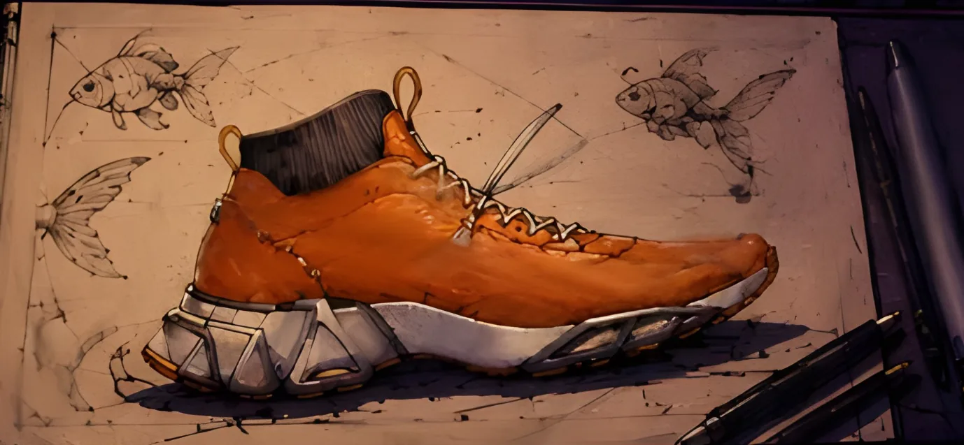 A hand-drawn blueprint sketch of a goldfish-inspired shoe