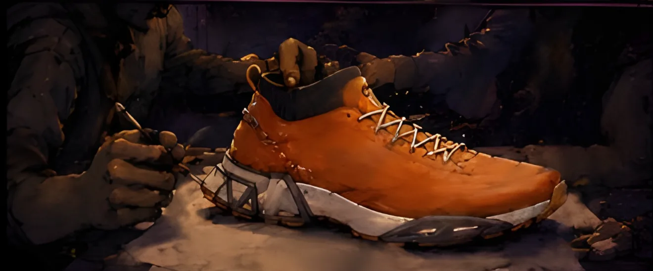 Hands carving the goldfish-inspired shoe by hand