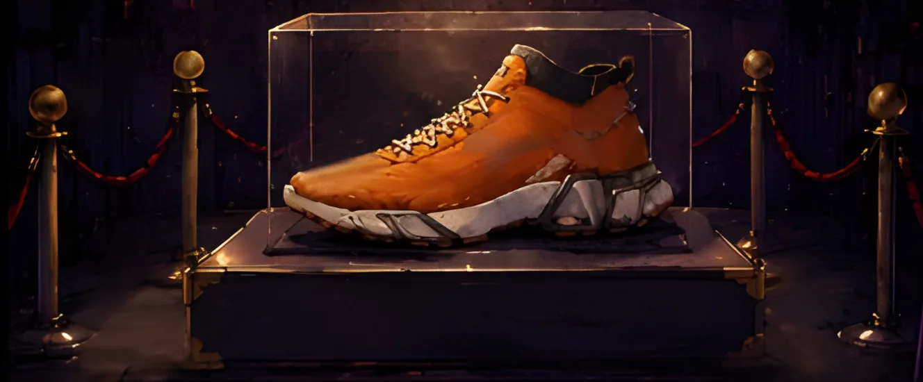 The finished orange shoe roped off on display like a museum piece
