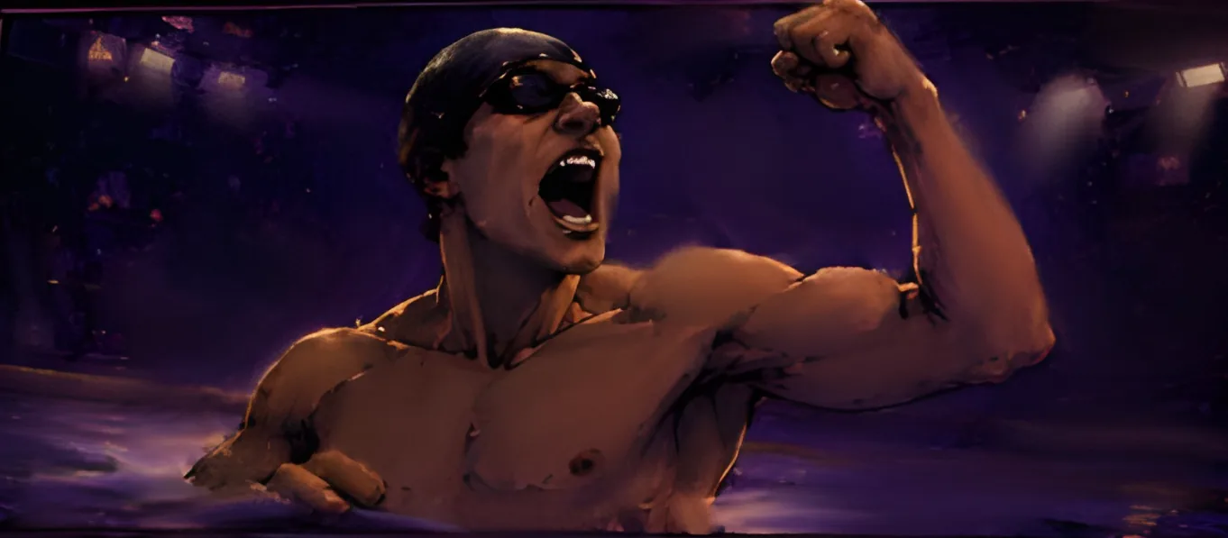 The swimmer celebrating triumphantly in the pool wearing the new shoe
