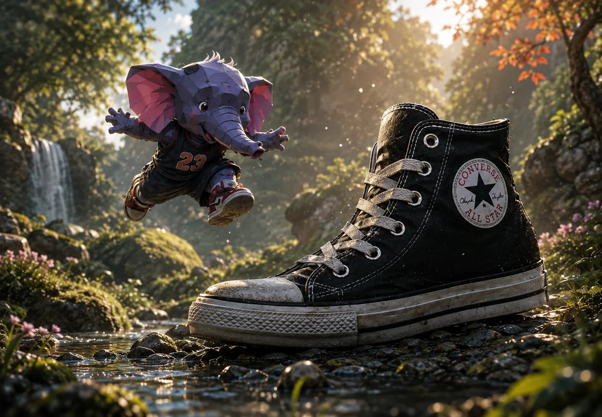 The elephant leaping beside a real Converse All-Star high-top, its namesake