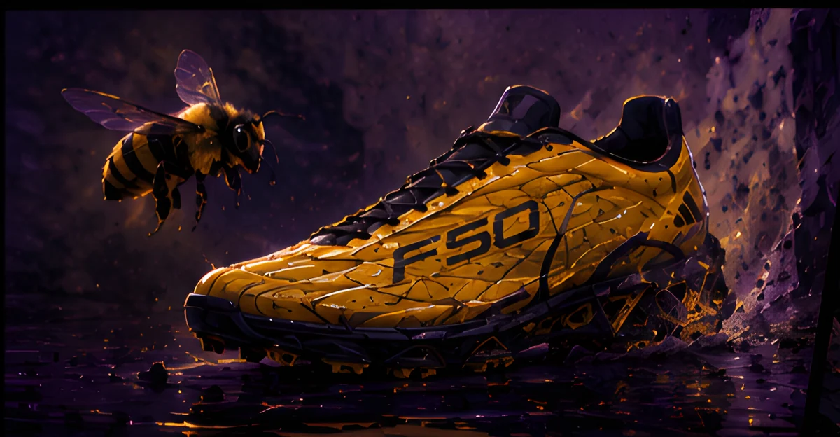 A bee beside the real gold-and-black F50 boot, its namesake