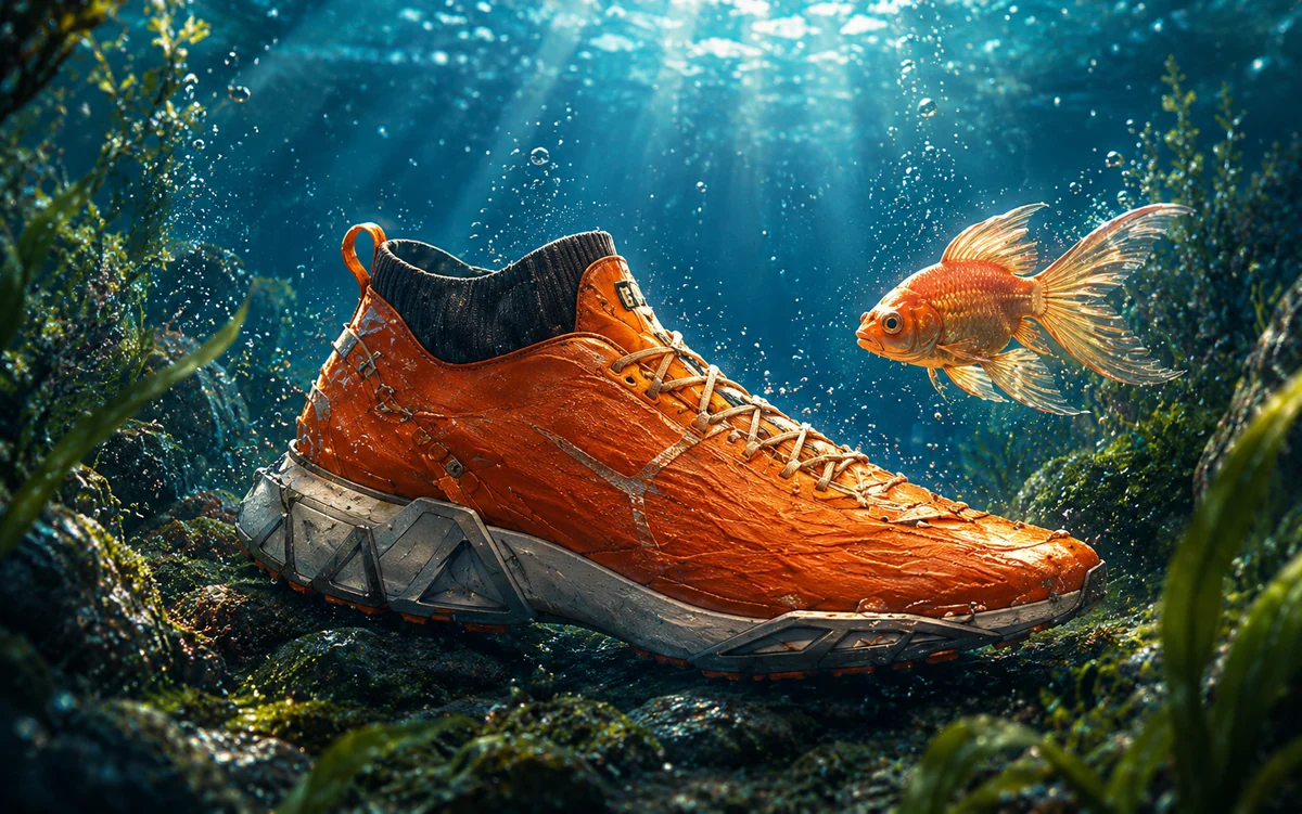 The Amazon Guppy shoe underwater beside a real goldfish, its namesake